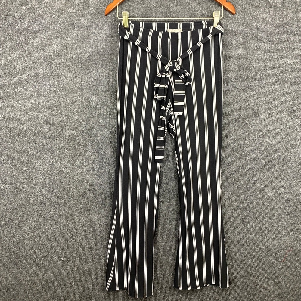 La Gypsy Black White Striped High Waist Flare Bell Bottom Pants with Tie Belt
